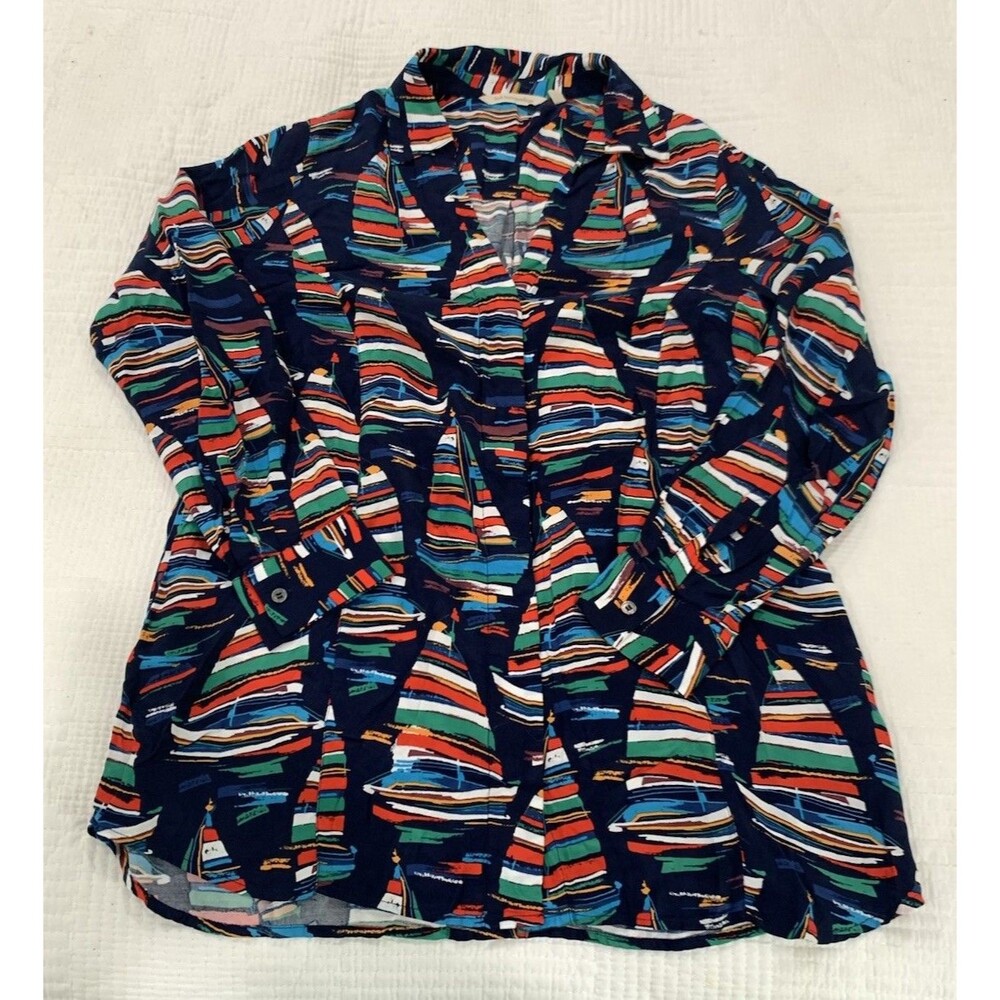 Soft Surroundings Size Medium Multicolor Sailboat on Navy Blue Long Sleeve Shirt